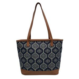 Thirty-One Blue And Brown Fabric And Faux Leather Tote Bag